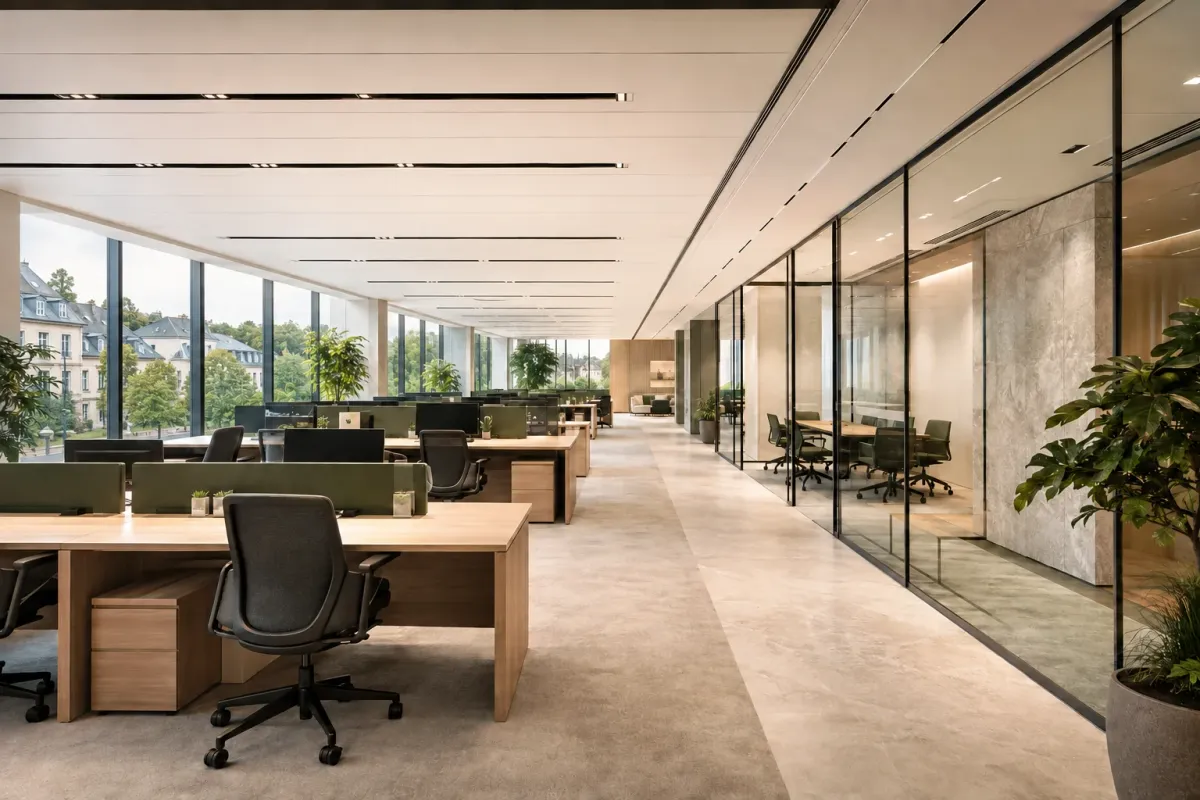 A spacious modern office with glass meeting rooms and natural light