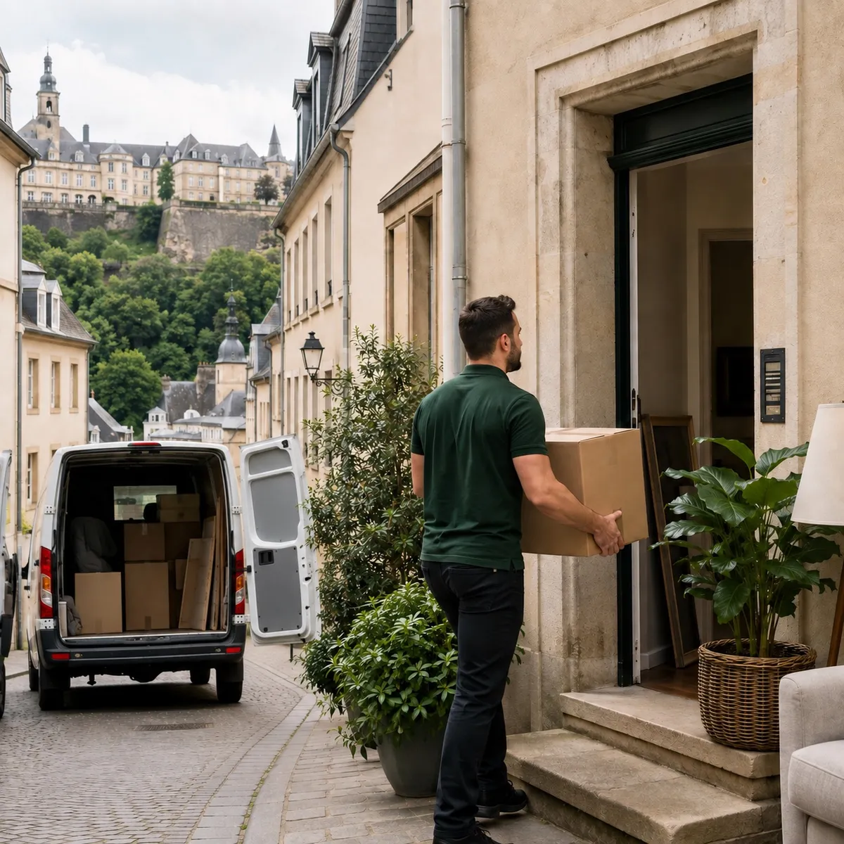 A mover carrying a box into a Luxembourg townhouse